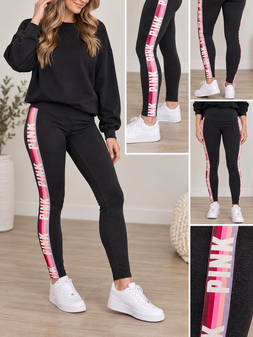 Victoria’s Secret PINK Yoga Leggings Black Pink Logo Side Stripe Y2K Athletic